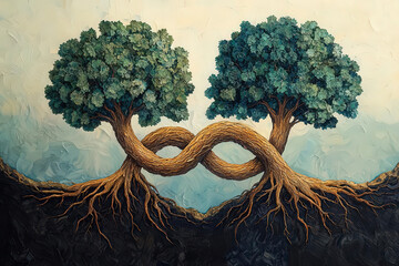 image features two intertwined trees, symbolizing unity and connection. their lush green foliage and