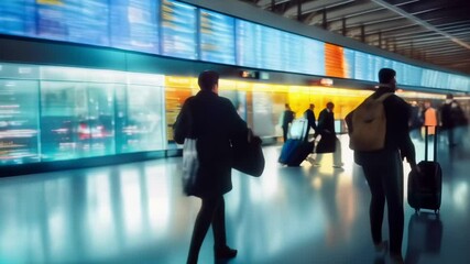 Poster - Travelers walking in a modern airport terminal with a departure board in the background, they are about to start a new journey