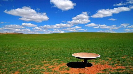 Sticker - A serene landscape featuring a large dish on a grassy field under a blue sky with clouds.