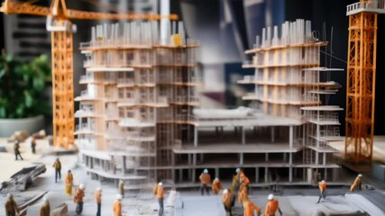 Poster - Miniature construction workers are busy working on a scale model of a modern building, illustrating the concept of architecture and urban planning