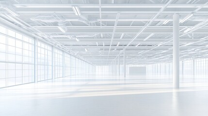 Sticker - A large, empty, white warehouse interior with large windows and bright light filtering through.