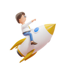 Poster - Cartoonish 3D illustration of a man riding a rocket, dressed in business attire, isolated on a white background. Concept of ambition and growth. 3D Rendering