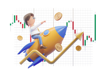 Poster - Cartoon character riding a rocket with coins, against a stock market chart background. Concept of financial growth. 3D Rendering