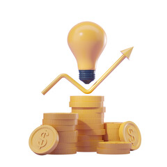 Poster - Light bulb with stacked coins and upward arrow, isolated on white background. Concept of business growth and innovation. 3D Rendering
