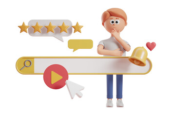Fototapete - 3D illustration of a person with a search bar, five stars, and various icons on a white background. Concept of online review and search. 3D Rendering