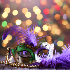 Mardi gras mask with feathers and beads on a sparkling background