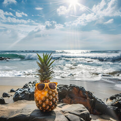 Pineapple wearing sunglasses enjoying sunny day on the ocean beach