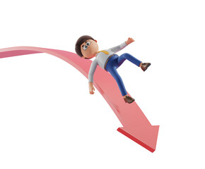 Poster - A cartoon businessman sliding down a red descending arrow. Isolated on a white background. Concept of business decline. 3D Rendering