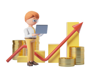Poster - Cartoon character using a laptop with stacks of coins and a rising arrow in the background. Isolated on a white background. 3D Rendering