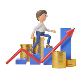 Poster - 3D businessman character steps on coin stacks and blue bars with a red upward arrow on a white background. Concept of financial growth. 3D Rendering
