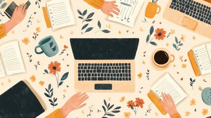 Poster - Hand-drawn illustrations of hands typing on a laptop, writing in a notebook, with coffee.