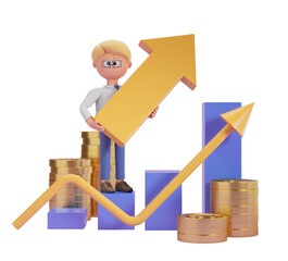Poster - Cartoon businessman holding a yellow rising arrow with coin stacks and bar charts isolated on a white background. Concept of financial growth. 3D Rendering