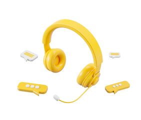 Poster - Yellow headphones surrounded by various chat icons isolated on a white background. 3D rendering