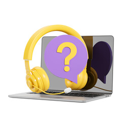 Poster - Yellow headphones with mic and laptop screen showing a purple question mark symbol, isolated on a white background. 3D Rendering