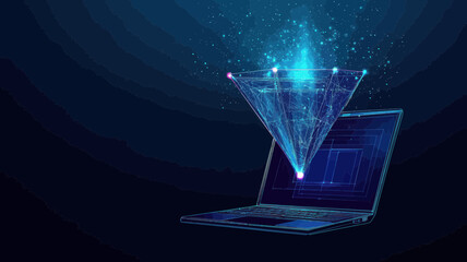 Poster - Digital Sales Funnel on Laptop with Big Data Flow - Abstract Technological Blue Background Vector Illustrating Data Filtering - Starry Sky Low Poly Wireframe Style for Business and Marketing Concepts