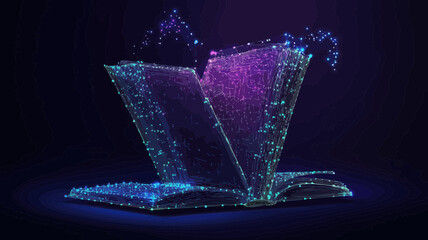Poster - low poly vector illustration of open laptop and 3d textbook mesh art with connected dots, depicting 