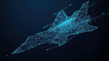 Poster - abstract blue polygonal fighter jet in flight, low poly motion design illustration with connected li