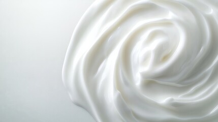 Poster - A smooth wave of glossy white cream cascades in a spiral motion, displaying luxurious texture and lighting that enhances its aesthetic appeal. Perfect for beauty or culinary products