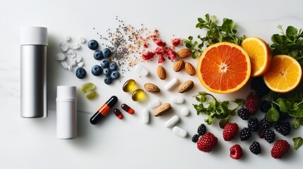 an array of vibrant fruits, nutrient-rich nuts, and assorted vitamin supplements is beautifully disp