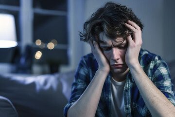 Wall Mural - 	
Depression, a young depressed man in a darkened room, visibly distressed, holding his head in his hands. The lighting is dim, emphasizing a strong emotional struggle or despair