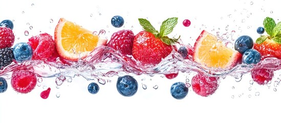 Canvas Print - Fresh berries, orange slices, and mint leaves splash in water.