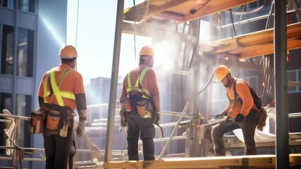 Poster - Three construction workers standing on scaffolding at a construction site, taking a break from building a new high rise building
