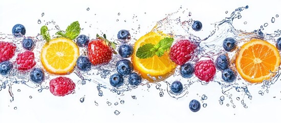 Poster - Fresh blueberries, raspberries, strawberries, and orange slices splashing in water.