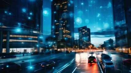 Poster - Cars driving through a city at night with digital icons floating above symbolizing a city connected to the internet of things