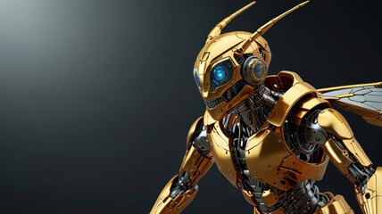 Poster - A golden robot with blue eyes and insect-like wings against a dark background.