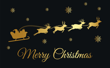 Golden silhouette of Santa on a sleigh with reindeer. Congratulatory text “Merry Christmas”. Vector on black background