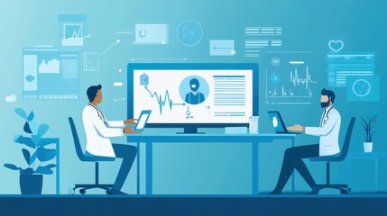 Poster - Modern Telemedicine Concept with Doctors Using Digital Devices for Remote Healthcare and Patient Monitoring