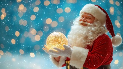 Happy Santa Claus holding a glowing Christmas ball set against a defocused blue background with sparkling lights