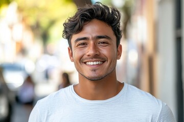 Young latin man smiling happy walking at the city, Generative AI