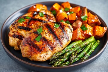 A plate of grilled chicken with roasted sweet potatoes and asparagus, showing a simple, healthy, and delicious meal