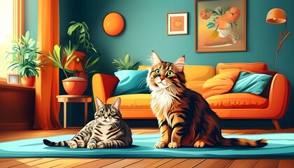 Wall Mural - Engaging Cat Care Tips in a Modern Living Room with Vibrant Vector Illustrations