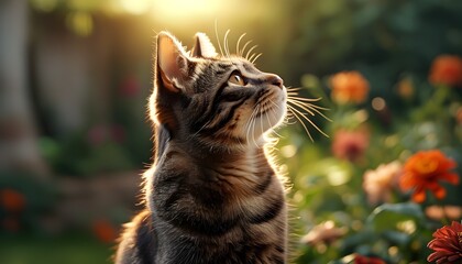 Heartwarming scene highlighting cat welfare in a serene garden, showcasing natural light and an educational, touching atmosphere