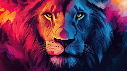 Poster - A Close-Up of a Lion's Face with Vibrant Red and Blue Hues