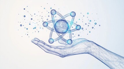 Abstract woman's hands holding atom symbol. Nuclear atom or molecule. Low poly sketch. Laboratory medicine science concept. Isolated polygonal wireframe vector illustration on a white background