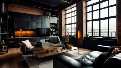 Poster - Sunlight is shining through the large windows of this modern open plan apartment featuring exposed brick walls and a luxurious interior design
