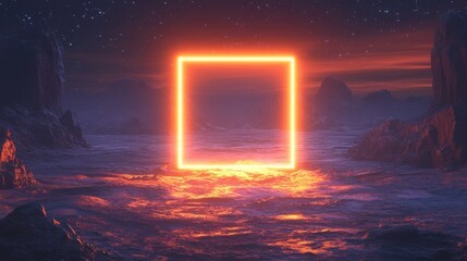 Illuminated square portal floating above a serene ocean horizon during twilight under a starry sky