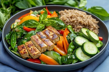 A vibrant vegetable stir-fry with tofu and a side of brown rice, highlighting a plant-based meal full of flavor and nutrition