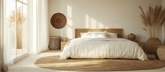 Wall Mural - Minimalist bedroom with a large bed, wicker baskets and natural light.