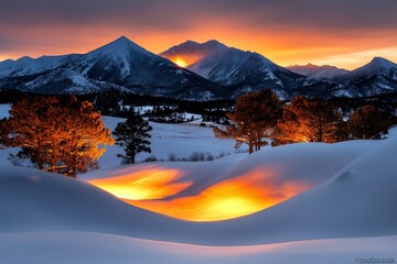 A winter landscape at sunrise, with snow-covered trees and mountains glowing in the warm light, as the sky turns shades of pink and gold