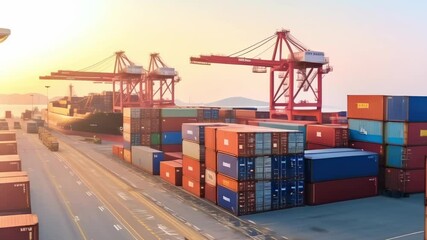 Poster - Cargo being unloaded from a container ship at a busy port terminal, with cranes moving containers around and trucks waiting to transport them