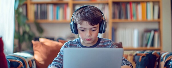 Adorable boy utilising a laptop computer for online learning while sporting headphones. Youngster does schoolwork at home.