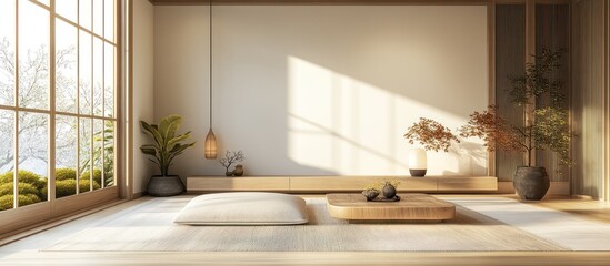 Sticker - Minimalist Japanese style living room with wooden floor, tatami mat, and a large window.