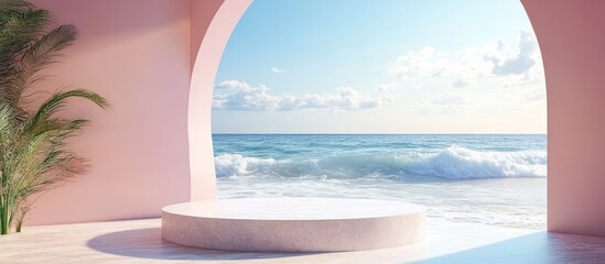 Minimalist pink archway with a view of the ocean and a white podium.