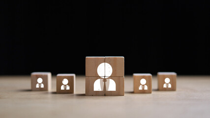 Wall Mural - hr, hrm, human resources management concept. wooden cube block print screen person. teamwork concept