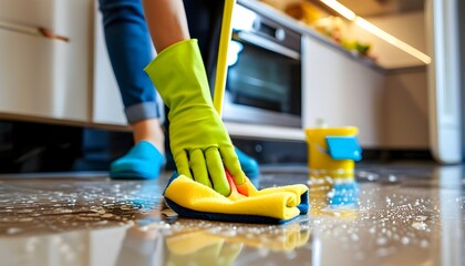 Woman expertly cleaning kitchen floor with microfiber cloth, showcasing attention to detail and commitment to home hygiene