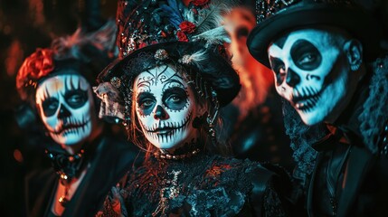 A close-up of a group of adults posing in their elaborate Halloween costumes, ready for a night of festivities and fun